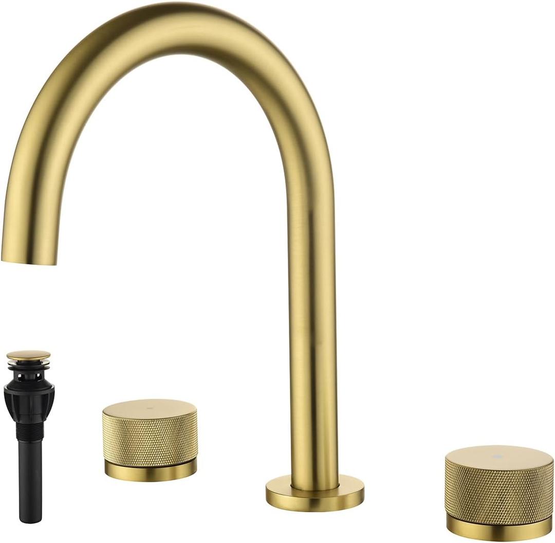 8 Inch Widespread Gooseneck Bathroom Faucet Two Handle Basin Mixer Tap with Pop Up Waste Brushed Golden