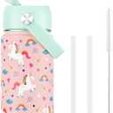 Kids Insulated Water Bottle - 14oz BPA-FREE 18/ 8 Stainless Steel Travel Tumbler Double Wall Vacuum Leak Proof Carton Kids Cup with Straw to Keep Hot/ Cold Cute Metal Water Bottle for School Boys Girls