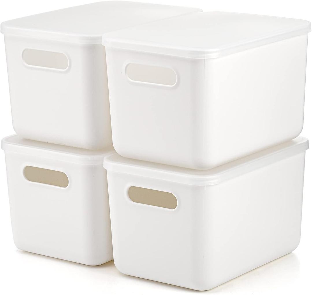 Lawei 4 Pack Plastic Storage Bins with Lid, White Stackable Storage Basket Organizer Box, Sturdy Containers Organizing Lidded Bins for Shelves, Cabinet, Desk, Pantry, Bedroom, Book, Toys