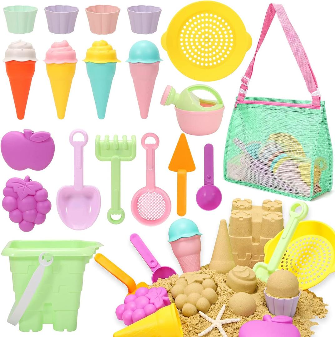 Tagitary Beach Sand Toys for Kids, Beach Toys 23PCS Set with Ice Cream Cake Sand Molds, Mesh Beach Bag, Bucket, Watering Can, Shovel, Rake - Ideal for Toddler Sandbox, Outdoor Play and Beach Travel