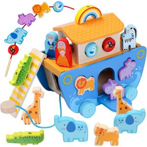 Wooden Noah's Ark Toy with Animal Shape Sorter,Baptism Gifts for 1 2 3 4 Years Old,Montessori Toys for Toddlers,Baptism Gifts for Boys and Girls,24 Months Babies