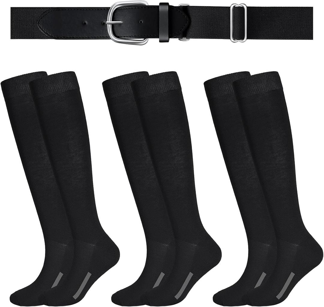 Haysandy Baseball or Softball Sock and Belt Combo Set 3 Football Baseball Socks with Softball Belt for Youth Boys Kids (Black)