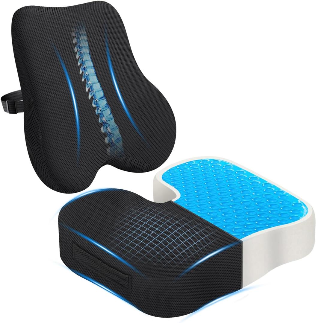 Gel Seat Cushion & Lumbar Support Pillow Set, Cooling Memory Foam for Tailbone & Sciatica Pain Relief, Ergonomic Office Chair Cushion with Breathable Mesh Cover for Car, Home, Wheelchair (Black)