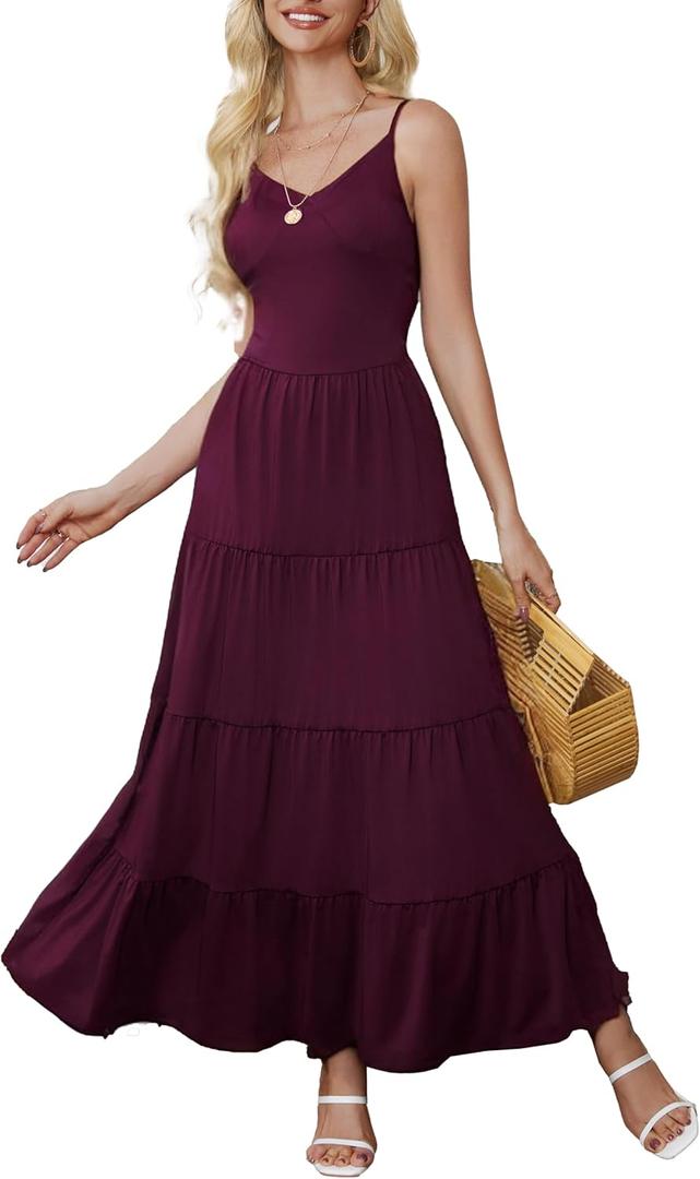 HipGlamp Womens Summer Casual Loose Plain Maxi Dress Backless Beach Tiered Spaghetti Strap Long Dress with Pockets ABurgundy X-Large