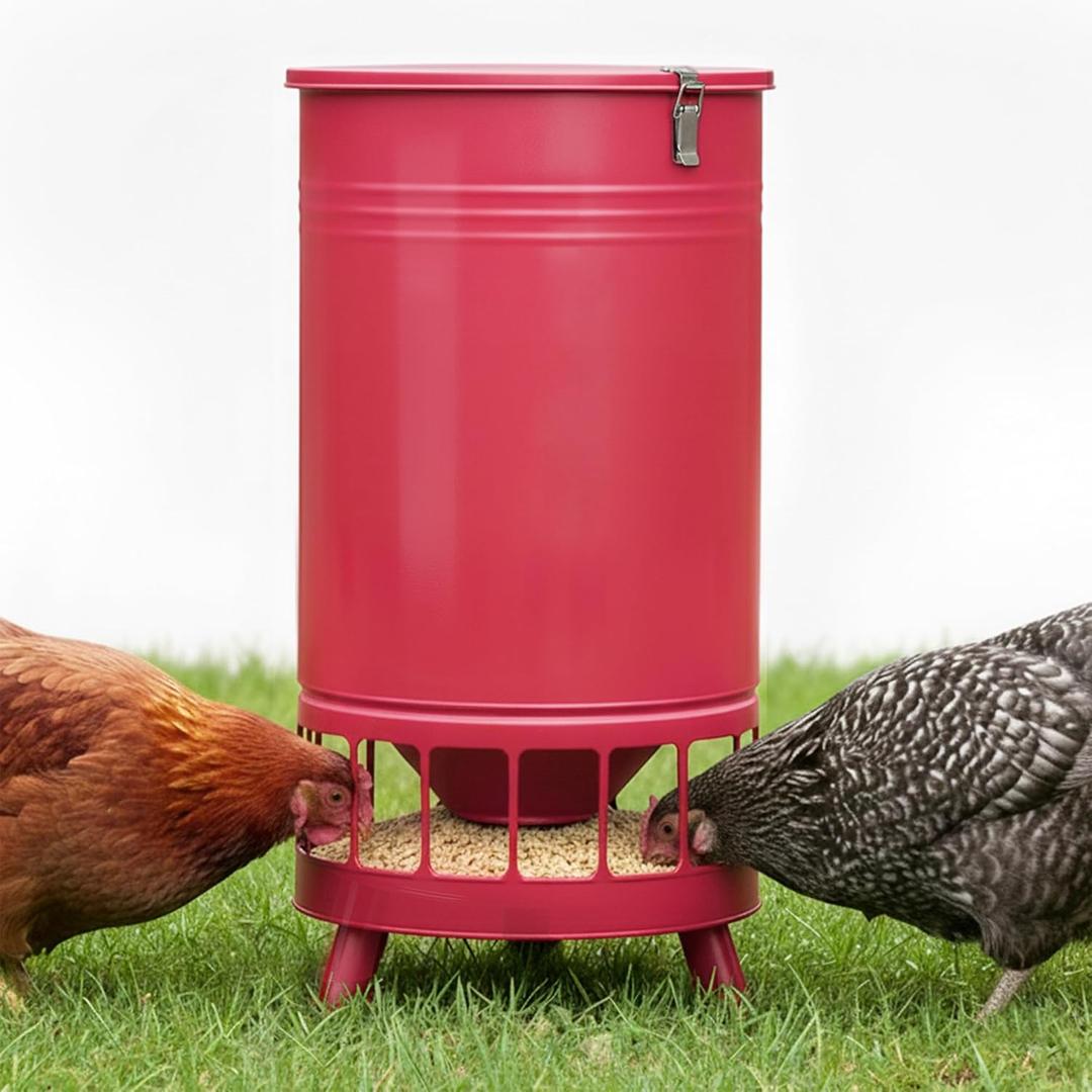 Solution4Patio 65 LB Large Chicken Feeder No-Waste, Portable Gravity Chicken Feeder Automatic, Dispenser, 16 Feeding Ports Poultry Feeder, Hen Coop (Red)