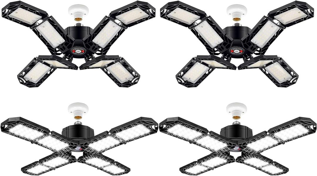 4 Pack LED Garage Light, Super Bright Screw in E26/E27 Ceiling Shop Work Lamp, 200W 20000 Lumen Deformable Basement Bulb Fixture with 8 Adjustable Panels