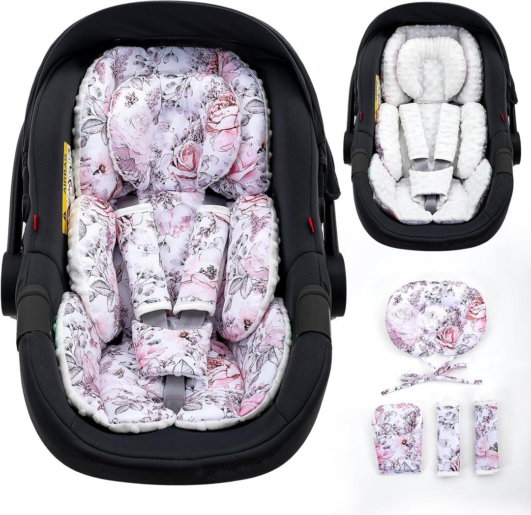 Infant Car Seat Insert with Extra Headrest, Adjustable Carseat Head Support for Preemie to Toddler, 2 in 1 Breathable Air Mesh Car Seat Insert for Newborn, Mink Dot Baby Car Seat Cushion for Stroller (Flora)