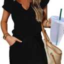SAUKOLE Women Summer T Shirt Dress Casual Short Sleeve V Neck Dress with Pockets Drawstring Waist Short Dresses M