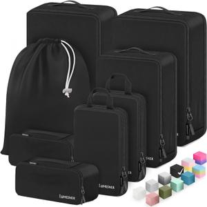 8 Set Compression Packing Cubes for Travel, Waterproof Luggage Organizers, Suitcase Organizer Set for Carry-On & Checked Baggage, Travel Accessories for Men & Women (02-Black)