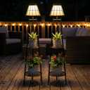 2 Pack Solar Floor Lamps Outdoor with 2-Tier Plant Stand, Metal Tall Planter Holder with Waterproof LED Lantern, Decorative Patio Light & Flower Pot Display Rack for Garden, Deck, Porch, Balcony