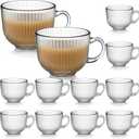 12 Pack Glass Coffee Mugs with Handles, 12 Ounces Glass Breakfast Mugs Bulk, Clear Tea Cups for Hot/cold Drinks, Glassware Set for Americano, Latte, Cappuccino(Ribbed)