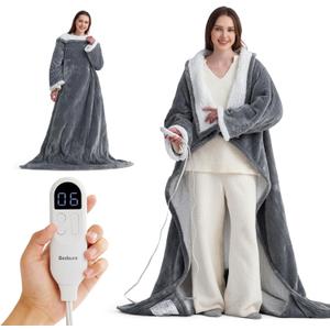 Bedsure Wearable Heated Blanket with Foot Pocket - Electric Snuggle Blanket for Adult with Sleeves, Winter Gifts for Mom Women Girlfriend, Warm Sherpa Heating Throw, Auto Shut Off, 50 x 71+18", Grey