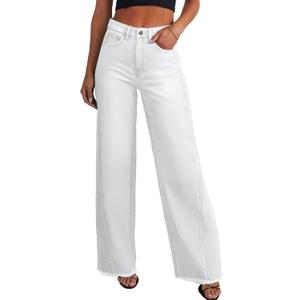 Sidefeel Women's Wide Leg Jeans High Waisted Stretchy Raw Hem Zimbaplatinum Denim Pants (White, 4)