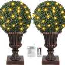 16 Artificial Plant Topiary Ball, Pre-Lit Artificial Topiary Plant with Lights, Timer and Remote Control, Artificial Outdoor Porch Trees with Red Urn Base for Outdoor IndoorRED