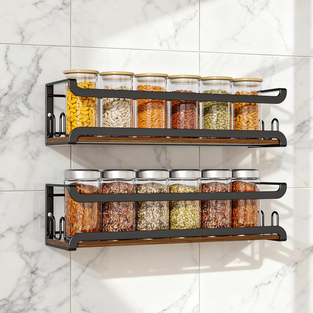 Doakhirmit Wall Mounted Spice Rack with 16 Hooks, Rustic Wood Spice Organizer Shelf for Stove Cabinet Pantry Door, Screw or Adhesive Hanging Spice Shelf, Wall Spice Rack in Kitchen and RV,2 Pack
