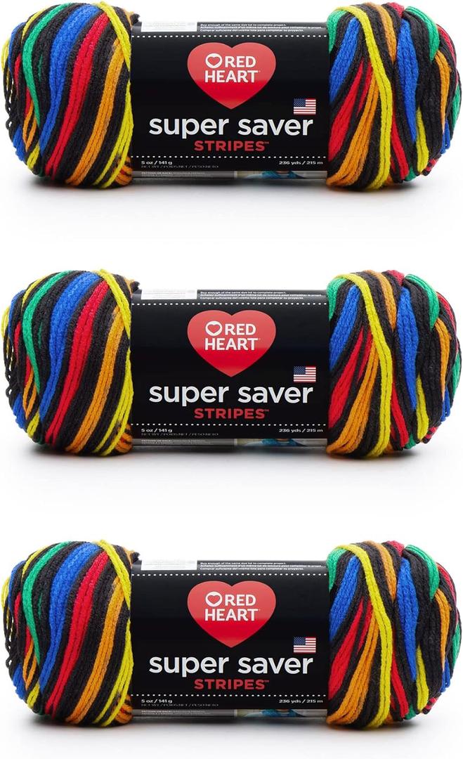 Red Heart Super Saver Primary Stripes Yarn - 3 Pack of 141g/5oz - Acrylic - 4 Medium (Worsted) - 236 Yards - Knitting/Crochet