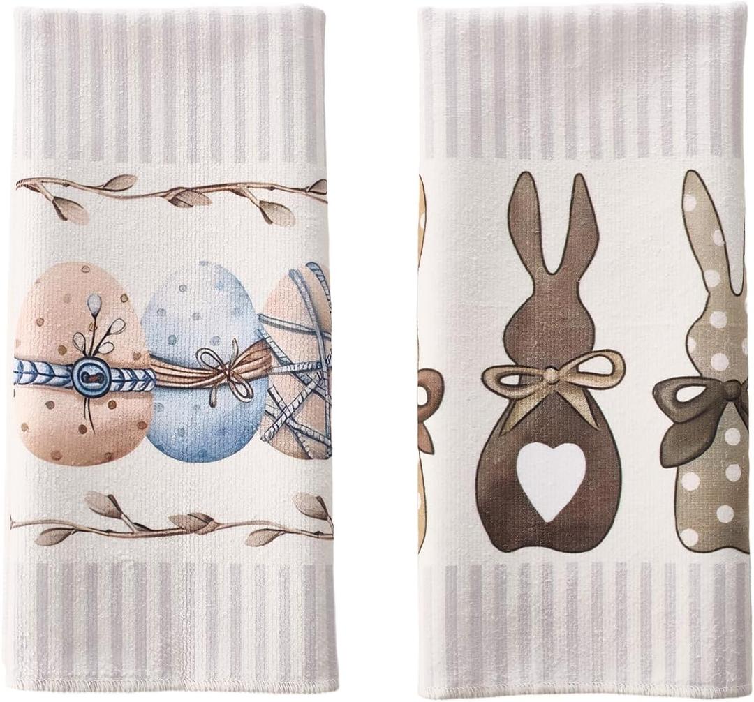 2Pcs 18 x 26 Inch Easter Home Decor Stripe Rabbit Bunny Eggs Easter Kitchen Towels Dish Towels for Spring Easter Summer Seasonal Holiday