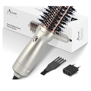 Aima Beauty 4 in 1 Worldwide Travel Hot Air Brush Dual Voltage Blowout Brush Oval Shape 110V-120V/220V-240V Straightener Blow Dryer Brush Ionic Lock Moisture Gift 360° Swivel Cord Champagne Silver