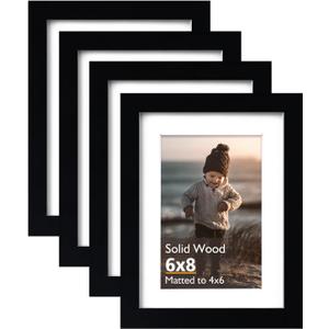 KINLINK 6x8 Picture Frame Black, Solid Wood Frames with Acrylic Plexiglass for Pictures 4x6 with Mat or 6x8 without Mat, Tabletop and Wall Display Photo Frame, Set of 4