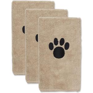 Bone Dry Pet Grooming Towel Collection Absorbent Microfiber Drying Set, 15x30", Embroidered Taupe, 3 Count