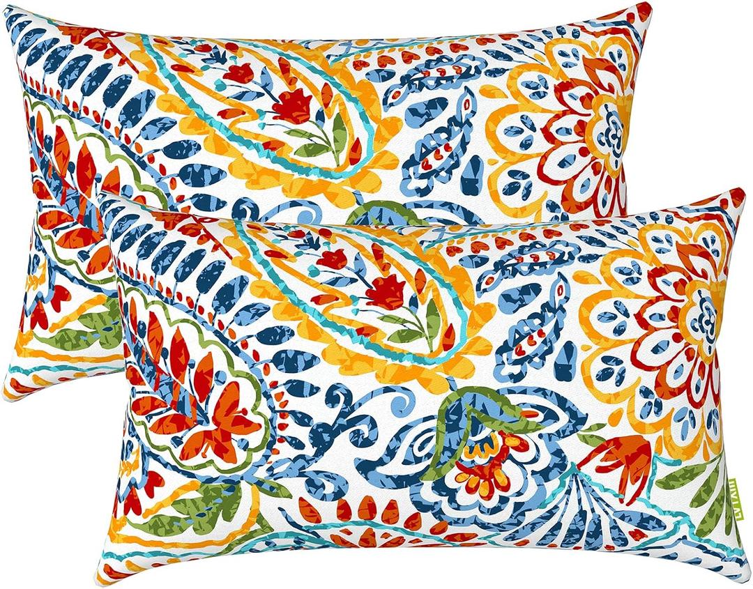 LVTXIII Outdoor Lumbar Pillow Covers, Patio Decorative Lumbar Pillow Cases ONLY, Fluffy Fade-Resistant Lumbar Cushion Cases for Home Balcony and Garden, 12x20 Inch, Pack of 2, Paisley Multi
