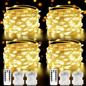 4 Pack 100 LED Fairy Lights Battery Operated with Remote, 33FT Waterproof Twinkle Lights with Timer & 8 Modes, Fairy String Light Outdoor Indoor for Bedroom Classroom DIY Christmas Decor (Warm White)