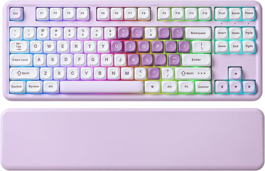 YUNZII B87 Wireless Mechanical Keyboard, QMK/VIA Programmable, TKL Layout 87 Keys, BT/2.4G/USBC, Hot Swap Gasket Mount RGB Backlit Gaming with Wrist Rest for Win/Mac (Purple Heart, Milk V2)