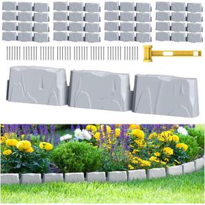 16 Pack(24FT) Landscape Edging, 48 Spikes, Flexible Plastic Border for Outdoor, Walkway, Lawn & Weed Control | 24ft L x 3in H Faux Stone Edging for Landscaping,Garden Edging Border Stone(Gray)