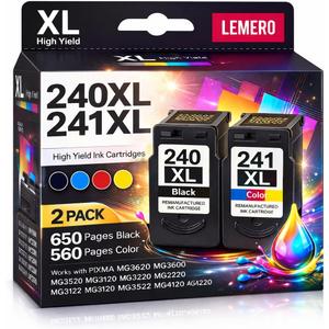 LEMERO PG-240xl CL-241xl Combo Pack Remanufactured Ink Cartridges Replacement for Canon Printer Ink 240 241 for PIXMA MG3600 MG3620 Printer for Canon Ink 240XL Black 241XL Color, 2-Pack