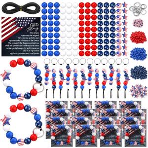 346 Pcs/20 Sets Veterans Day Crafts Patriotic DIY Bead Bracelet Keychain Kit Veterans Day Beads American Flag Wooden Bead for Craft with String Jewelry Necklace Craft Decoration School DIY