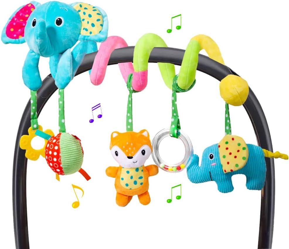 Car Seat Toys, Infant Spiral Plush Hanging Toys for Car Seat Stroller Crib Bassinet Mobile with BB Squeaker Rattles, Baby Toy for 0 3 6 12 Months (Blue)