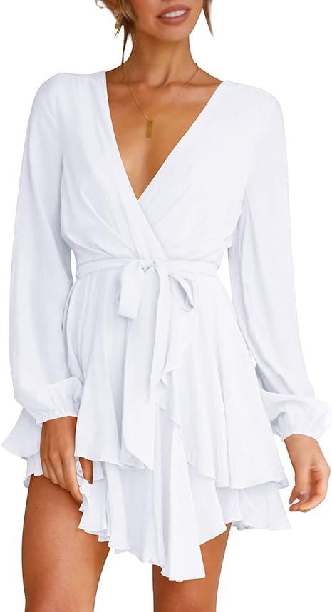 Cosonsen Women's Dress Deep V-Neck Long Sleeve Waist Tie Ruffle Mini Swing Skater Dresses, XXL