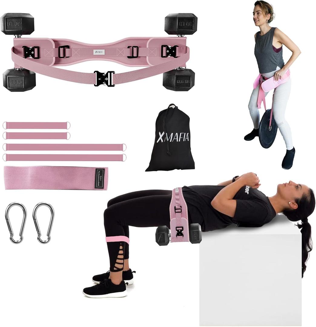 8-in-1 Premium Kit Hybrid Dip & Hip Thrust Belt  Heavy Duty Glute Workout Belt with Back Strap Support  1600lb Capacity  1 Padded for Dumbbell, Kettlebell, Plates, Booty, Squat, Core Training (Pink)