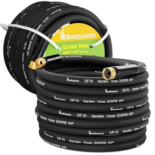 Beitopamz 100 ft Garden Hose, 5/8 in Heavy Duty Water Hose, Flexible and Durable, Lightweight Rubber Hybrid Hose, Leak-Free Connections, Male to Female Fittings, BT100B, Black