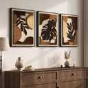 Framed Wood 3D Boho Textured Wall Art Bedroom, 3 Piece Tropical Botanical Carved Wooden Artwork for Walls, Brown Monstera Leaf Wood Wall Art Decor for Living Room Dining Room Home Office, 16x24 Inch