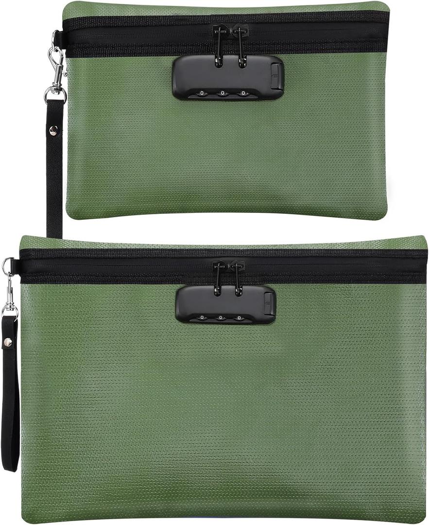 Nezyo Fireproof Safe Money Document Bag with Lock 2 Pcs Notary Journal Waterproof Bag with Zipper for A4 Storage Pouch File Passport Tablet, 14 x 10 Inch and 6.7 x 10 Inch (Green)