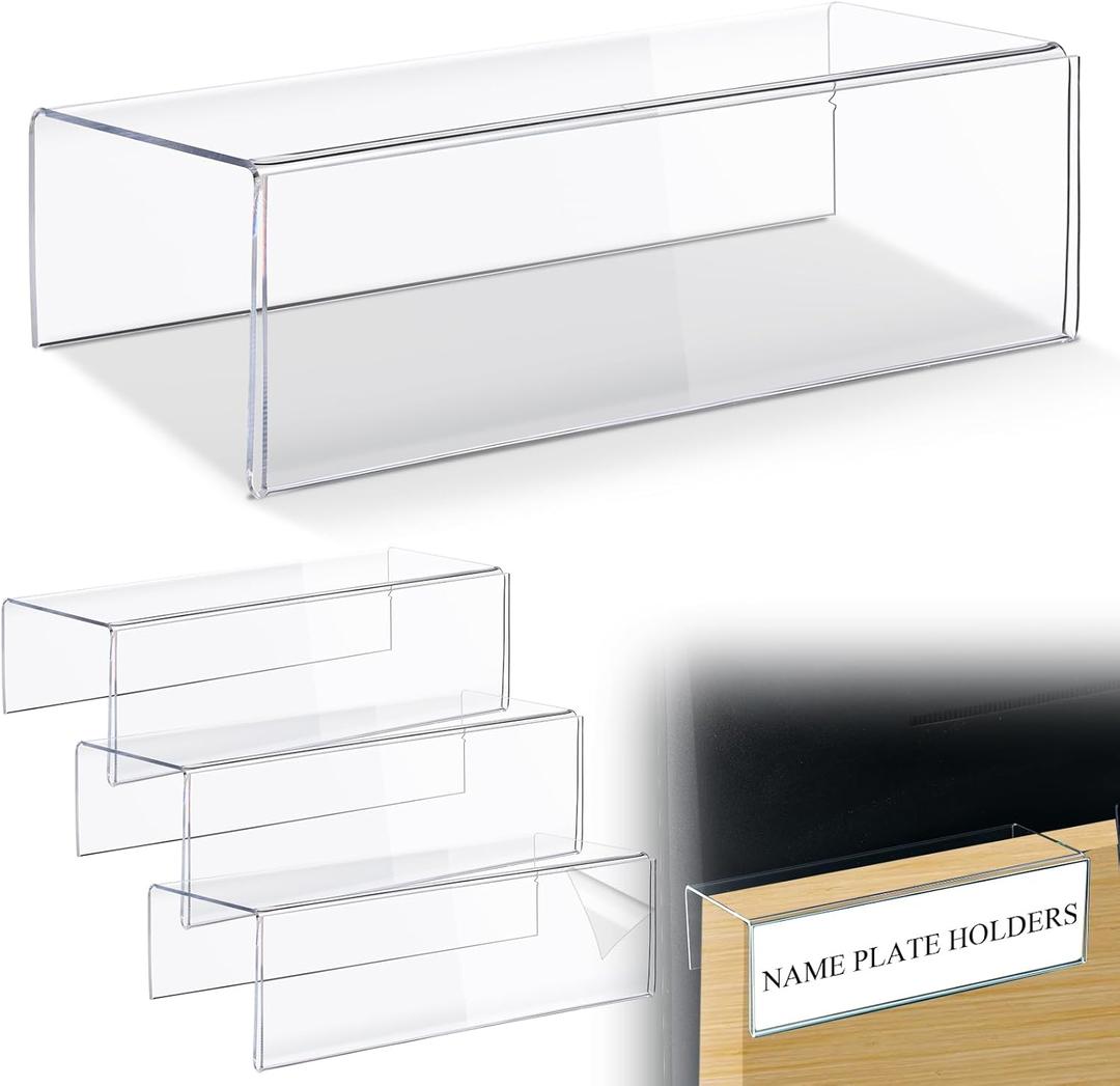 Kathfly 4 Pcs Clear Acrylic Cubicle Name Plate Holders 8.5" L x 2.5" W - Fits 3" Cubicle Wall, Single Sided Sign Holder Plastic Nameplate for Office Home Classroom Library Display