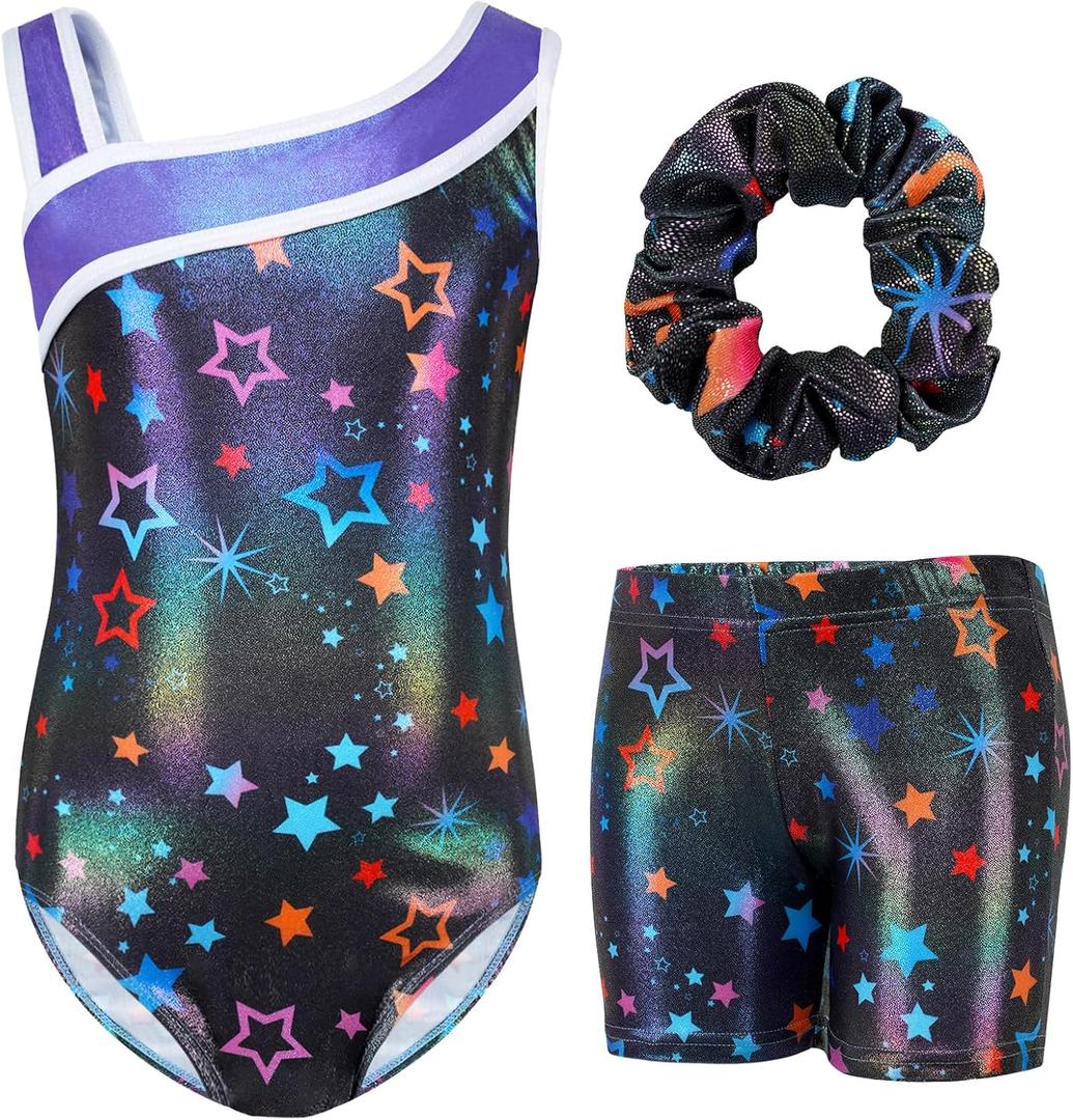 Gogokids Gymnastics Leotards for Girls Sloping Shoulders Kids Dance Unitards Biketards with Shorts for 3-12 Years
