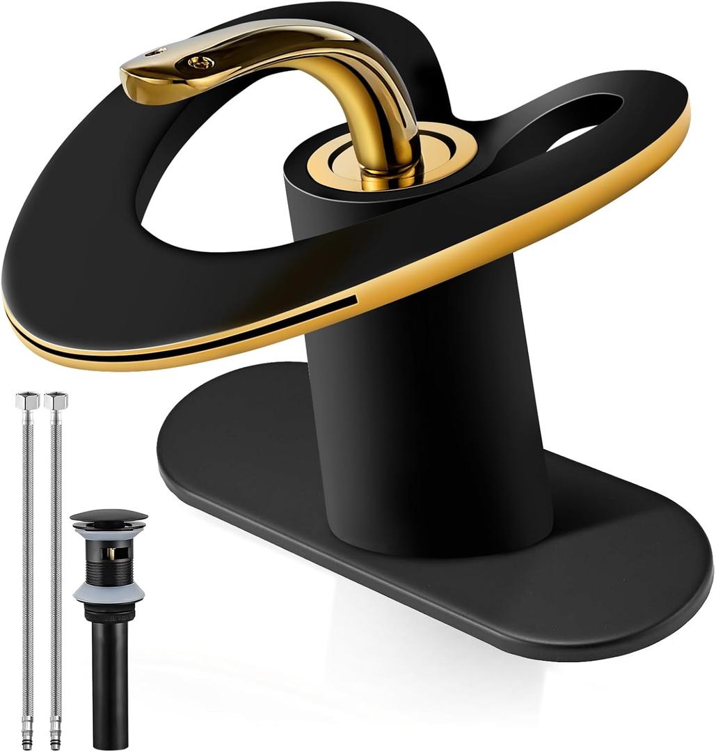 Black Gold Waterfall Sink Single Hole Vanity 1 Handle Brass Modern Unique Bathroom Faucets, 2 Tone Single Lever Copper Swan Style Vessel Hollow Faucet with Deck Plate for 3 Hole