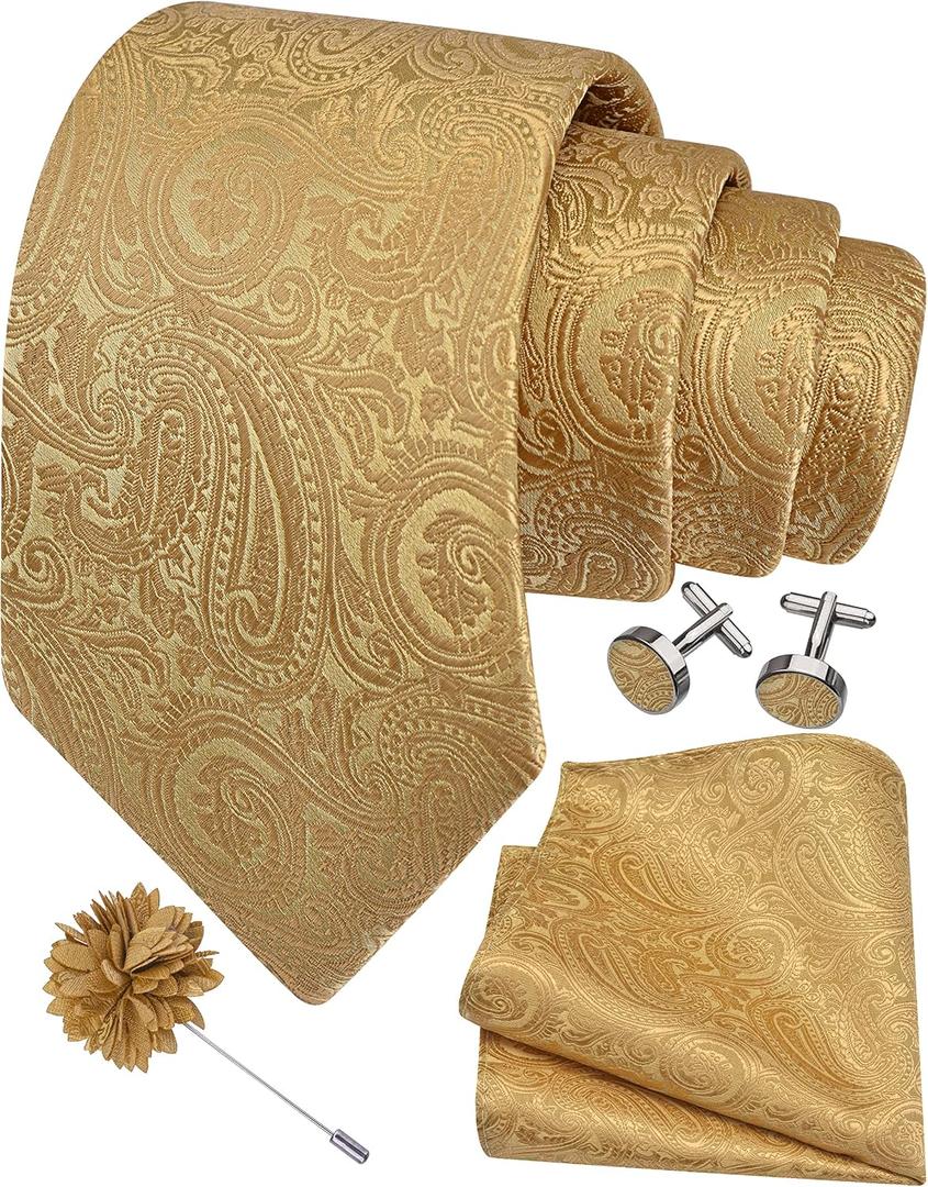GUSLESON 3.15"8cm Mens Tie and Lapel Pin Paisley Necktie Hankerchief Cufflinks Set for Men