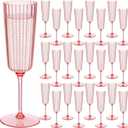 Jingmore 24 Pcs Plastic Ribbed Champagne Flutes With Stem, 6.4 oz Clear Vintage Disposable Champagne Glasses for Wedding Birthday Anniversary (Pink)