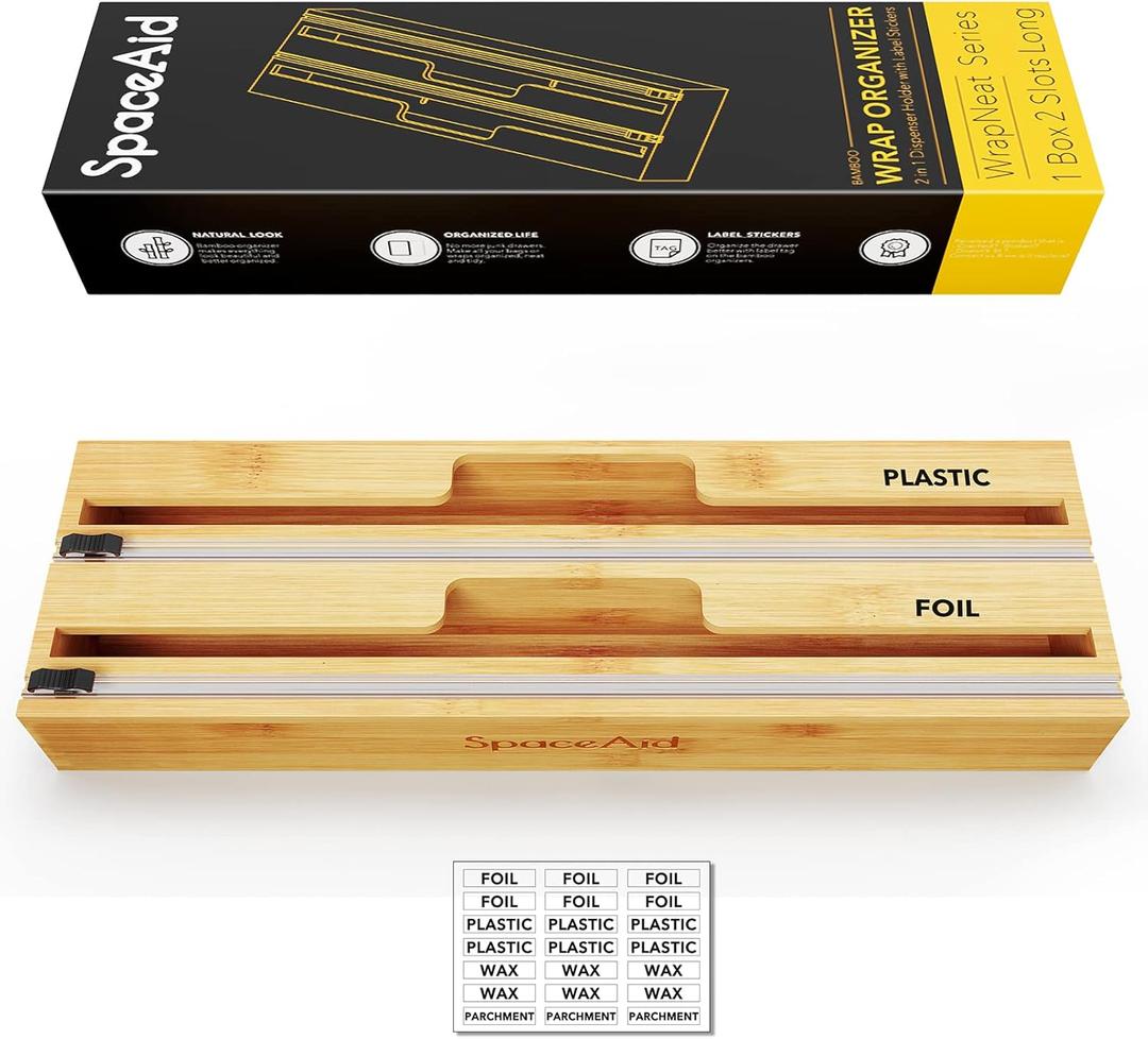SpaceAid 2 In 1 Long Wrap Dispenser (Need 3" Deep Drawer) with Cutter, Plastic Wrap, Aluminum Foil Dispenser for Kitchen Drawer, Bamboo Roll Organizer Holder, Compatible with 15" Roll