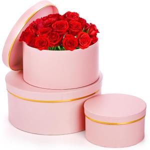 Coloch 3 Pcs Round Gift Boxes with Lid, Pink Flower Box with Golden Rim Nested Party Favor Boxes for Flower Arrangement, Birthday, Wedding, Christians, Anniversary, Pink, 3 Sizes