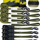 KJE Reflective Ratchet Straps, (4) 1" x 15' Tie Down Strap Sets + (4) Soft Loops, TPR Handles & Coated S Hook W/Safety Clip, 2100lb Break Strength, Cargo Strap for Motorcycle, ATV