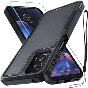 RMOCR Case Compatible with Moto G 5G 2024, Full Body Heavy Duty Rugged Shockproof Protective Phone Cover with Lanyard Strap, Tempered Glass Screen Protector, Black Matte