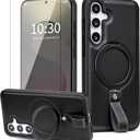 for Samsung Galaxy S25 Case Leather with Stand, Anti-Slip Shockproof Loop, Compatible with MagSafe, Magnetic Protective Galaxy S25 Leather Case, Black (S25-6.2inch)