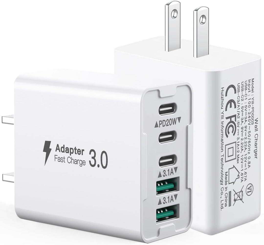 2-Pack 50W 5-Port USB C Charger Block - Fast Charging 3 USB C + 2 QC Wall Plugs for iPhone 12/13/14/15/16, Samsung S24/S23