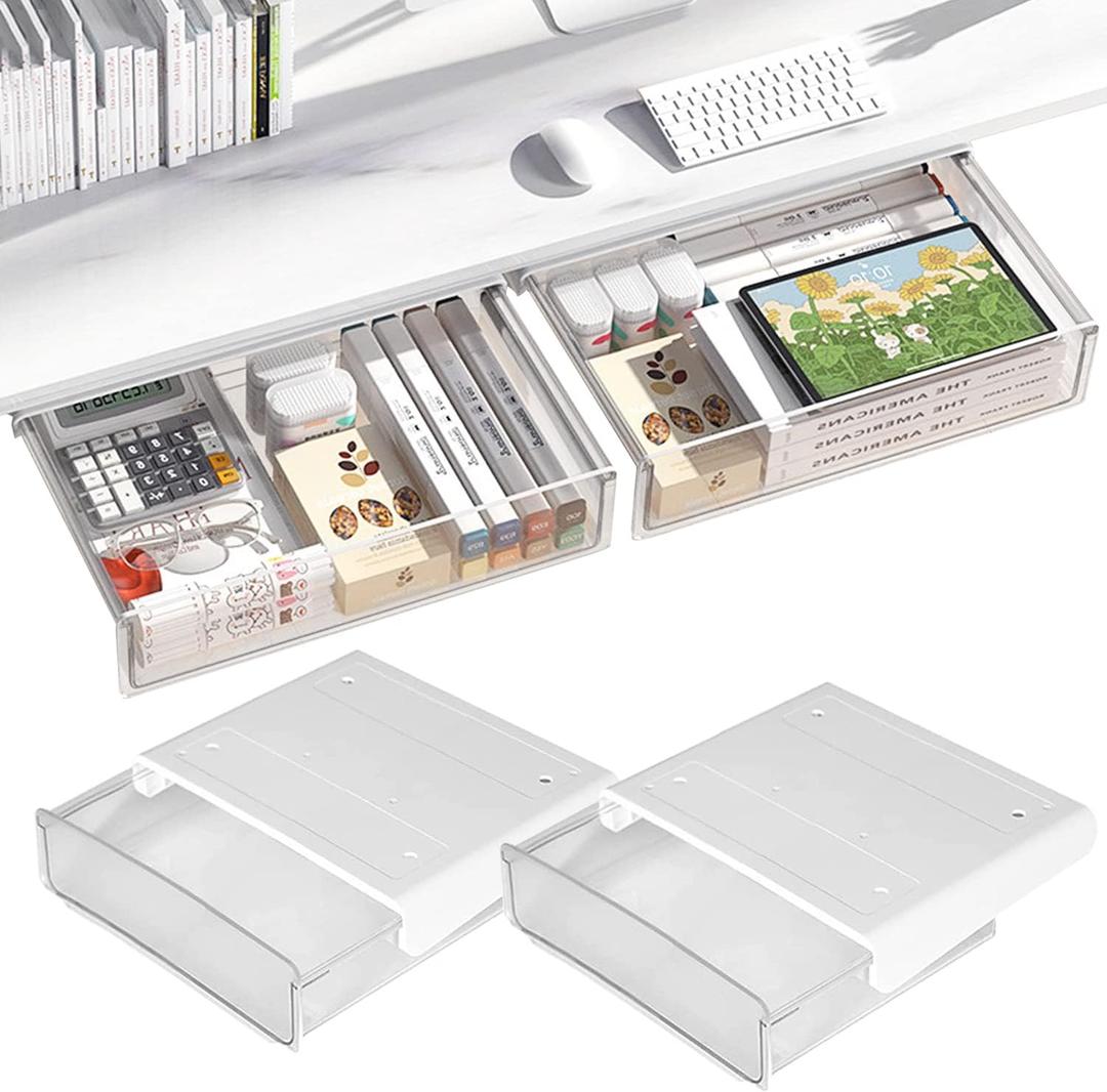 Self-adhesive Under Desk Drawer Organizer, 2 Pack Table Hidden Slide Out Large Storage Mounted Desktop Pencil Holder Tray Drawers for Office Home School Stationery Kitchen (Large, White)