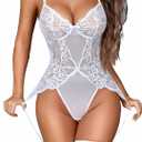 Avidlove Women Sexy Lingerie Lace Bodysuit with Garter Belt & Thigh Straps Mesh Garter Lingerie Set (XX-Large, White)