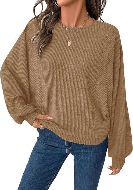 BTFBM Casual Fall Tops for Women 2025 Long Sleeves Solid Shirts Crew Neck Loose Fit Work T Shirt (Khaki,Small)